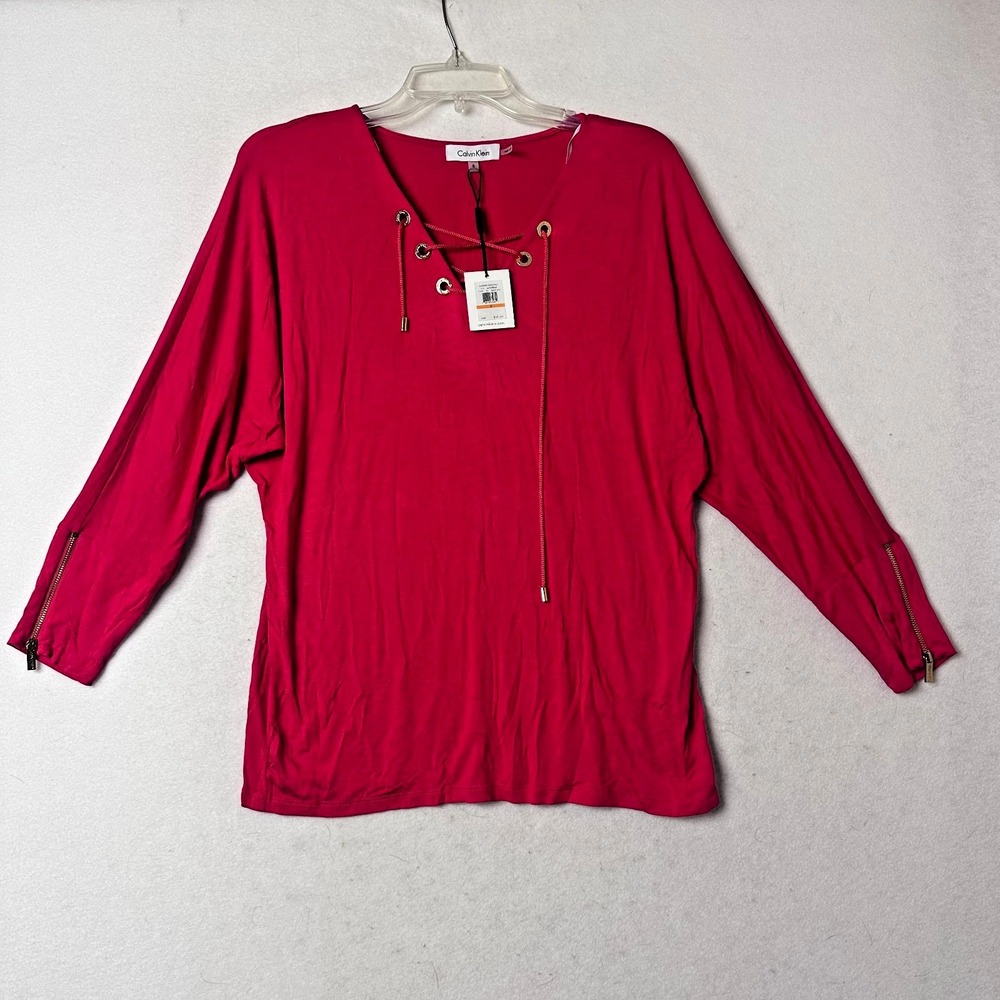 Calvin Klein Lipstick Pink Lace Up V-Neck Top Zipper Cuffs M4WH8083 Womens S NWT